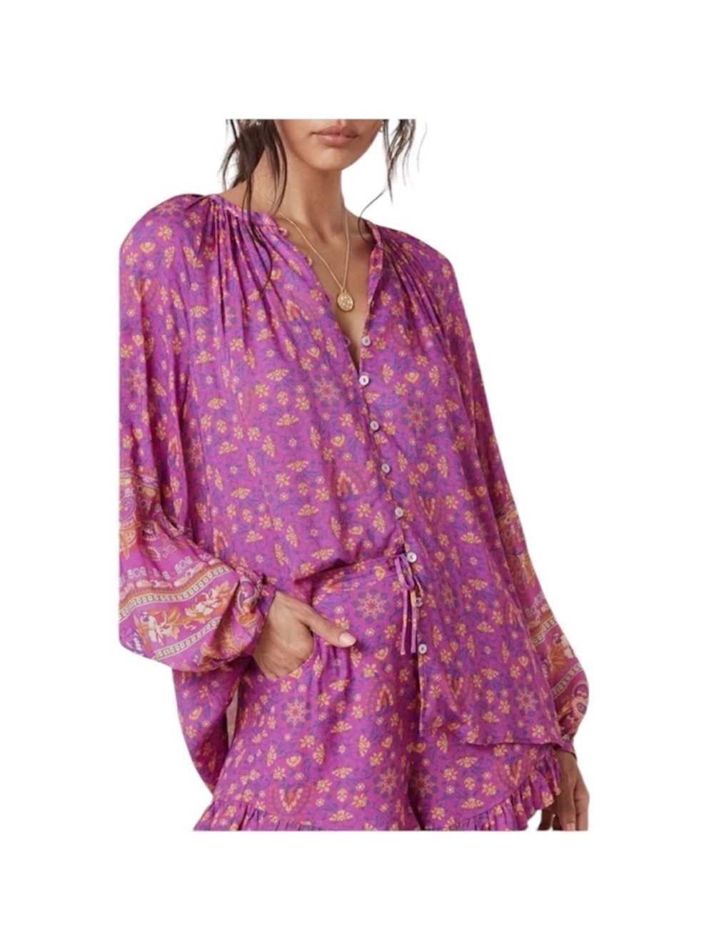 Spell Purple & Gold Floral Button-Front Blouse